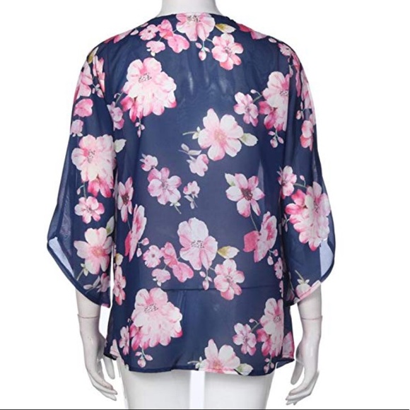 Navy floral print chiffon kimono coverup - Picture 6 of 7